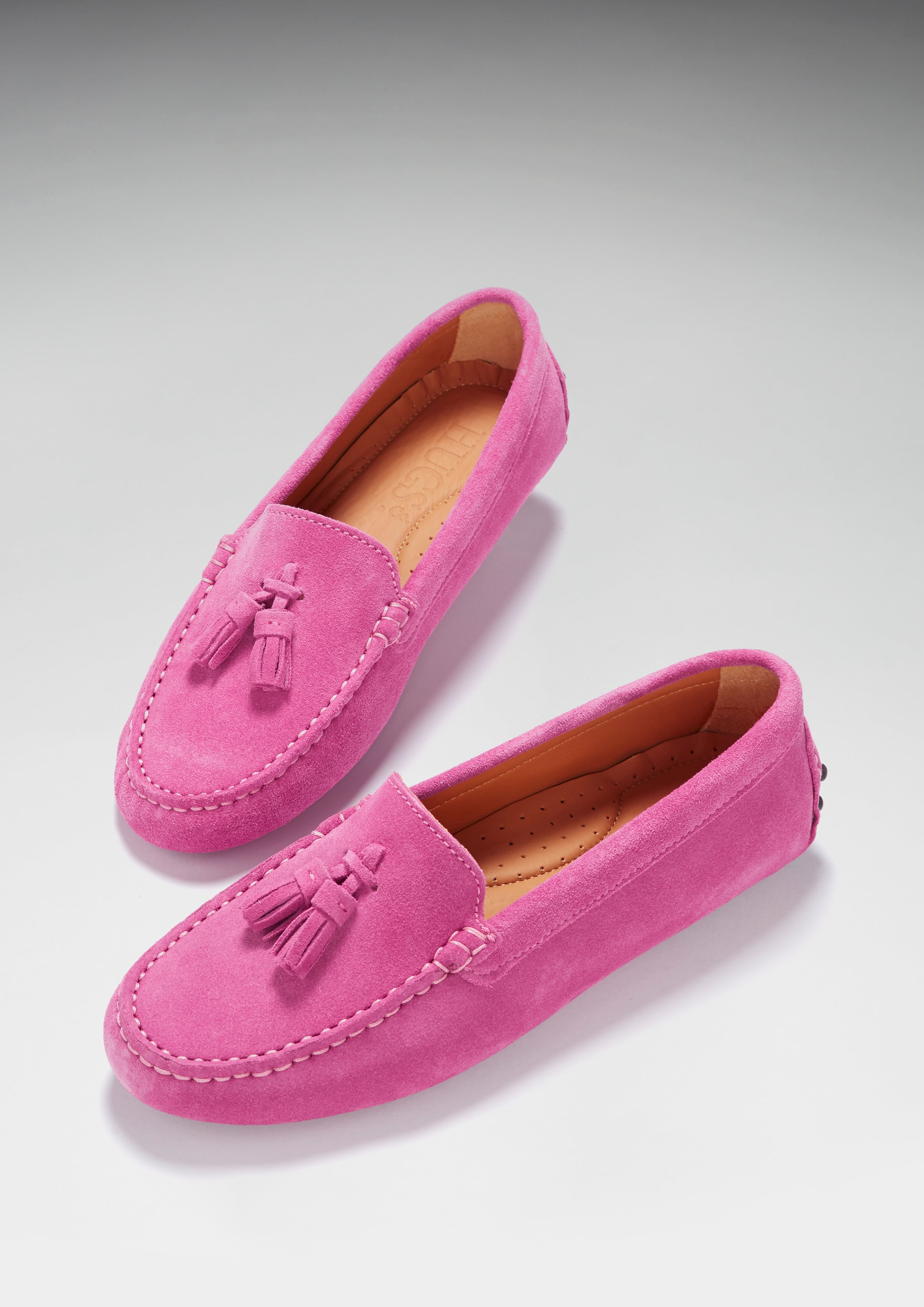 Womens Tasselled Driving Loafers Pink Suede Hugs And Co 8499