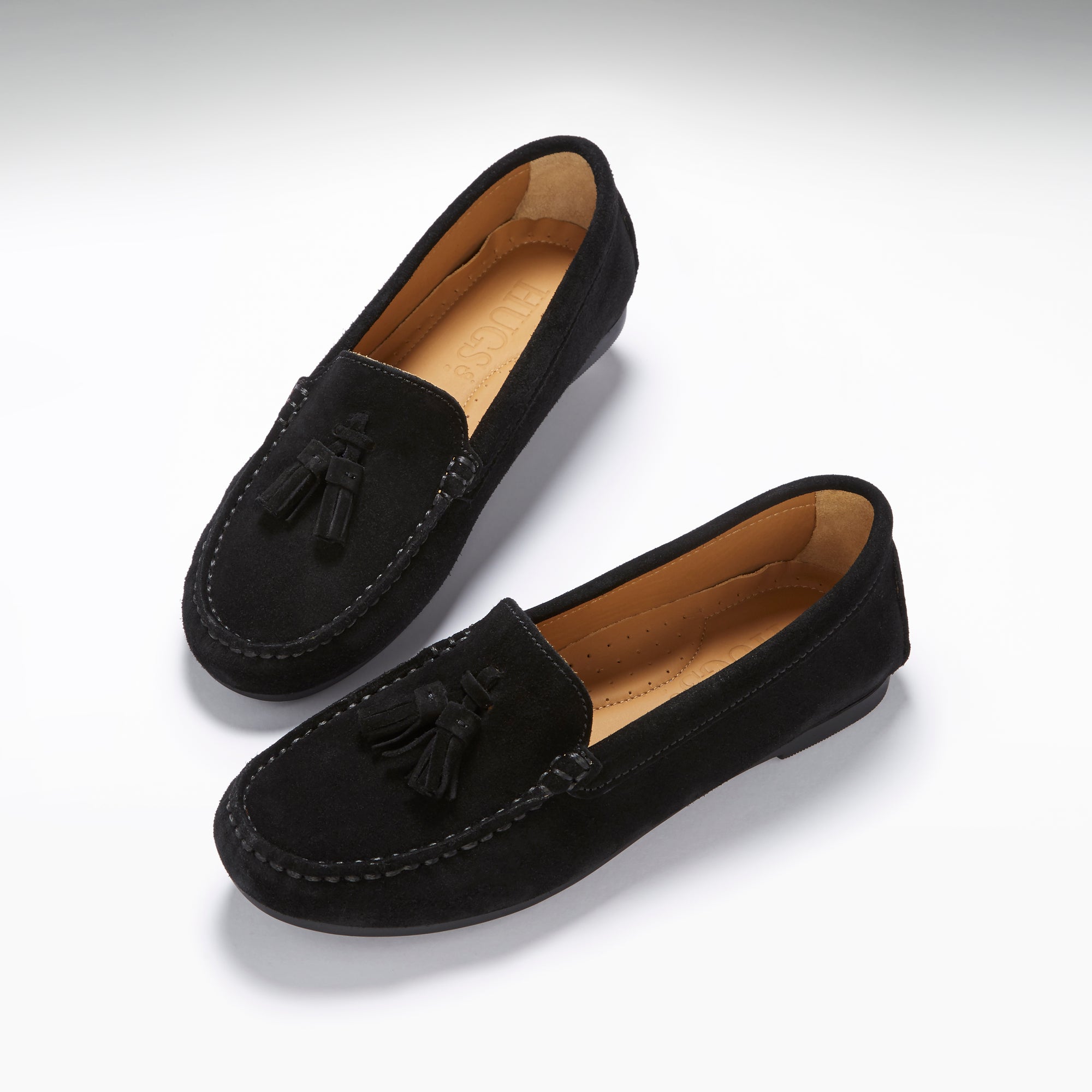 Women's Tasselled Driving Loafers Full Rubber Sole, black suede - Hugs ...