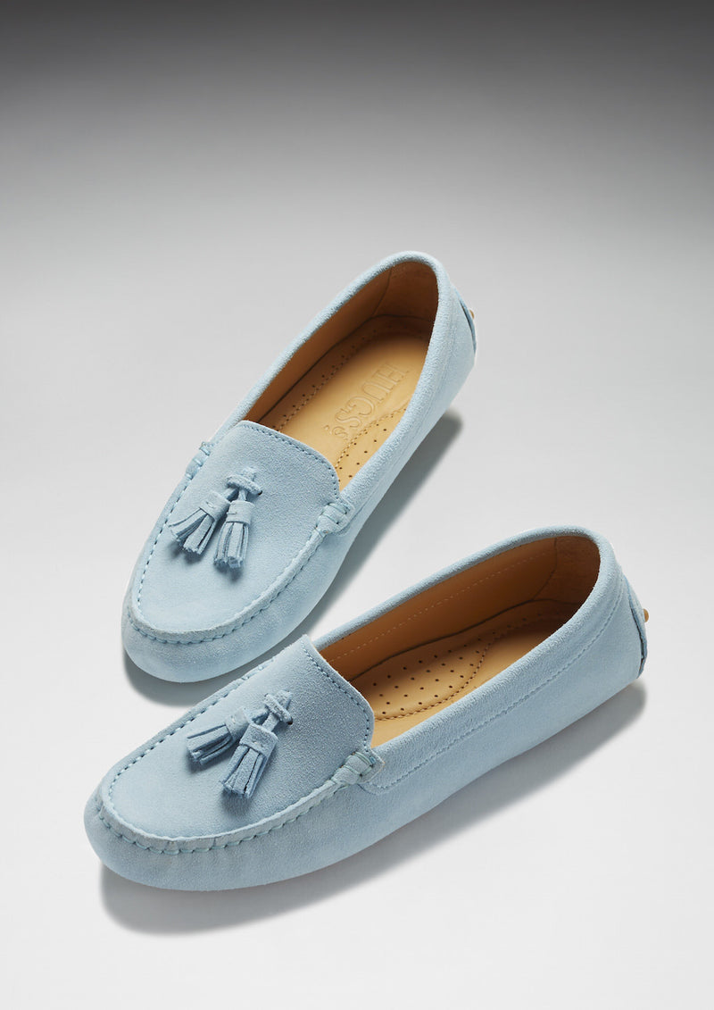 Womens Tasselled Driving Loafers Sky Blue Suede Hugs And Co 1289