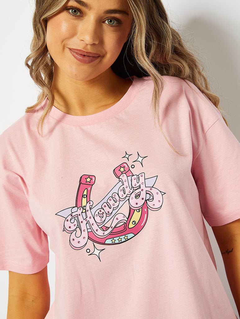 Howdy Graphic Oversized T-Shirt in Pink, M