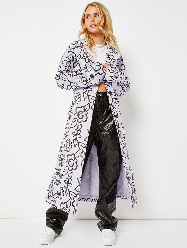 Lilac Happy Face Flower Printed Trench Coat, S