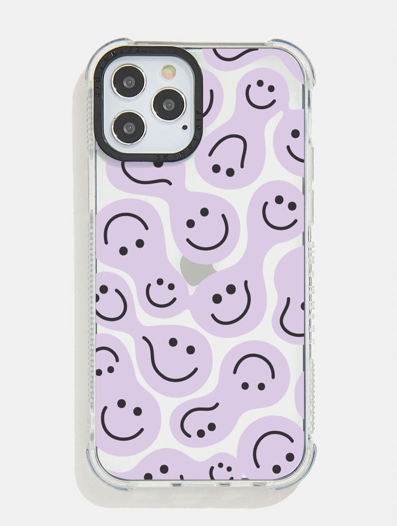 Lilac Warped Happy Face Shock i Phone Case, i Phone 14 Plus Case
