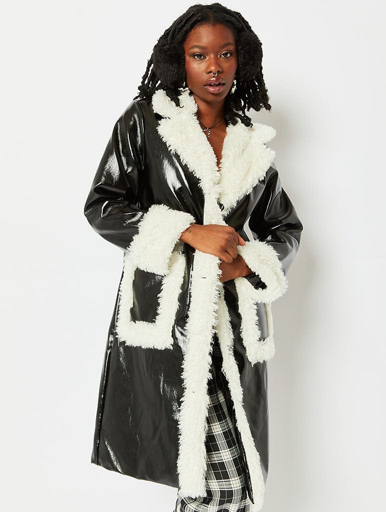 Patent Faux Leather Coat With Ivory Fur Trim, S