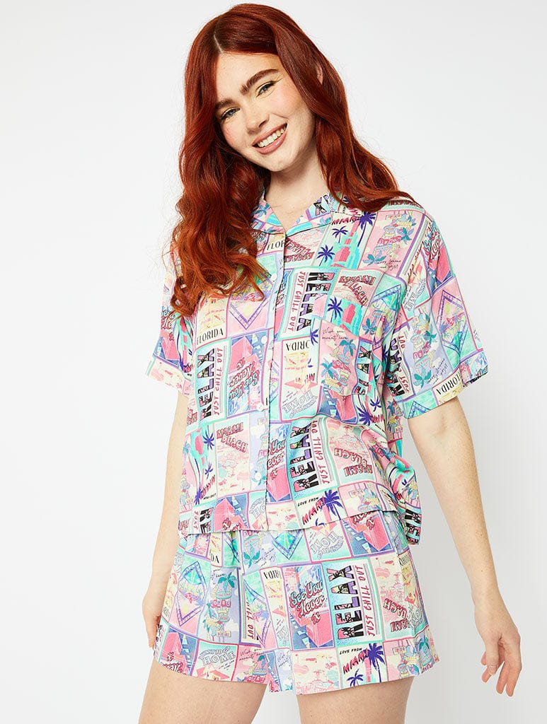 Postcard Print Resort Shirt, XL