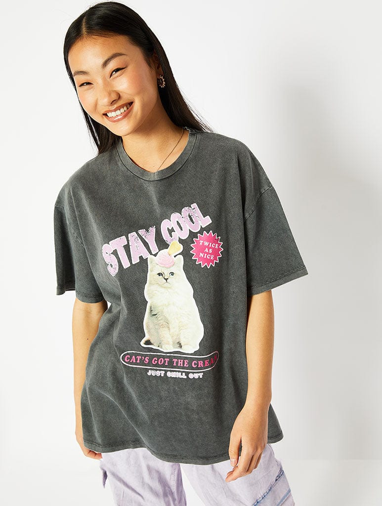 Stay Cool Cat Oversized Acid Wash T-Shirt, M