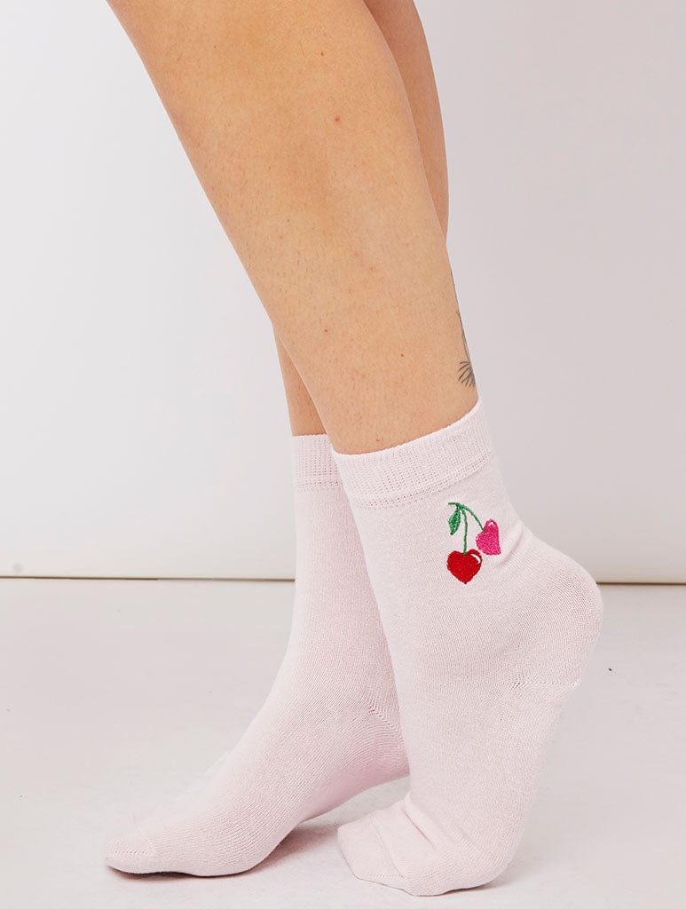 Cherry Heart Embroidered Socks