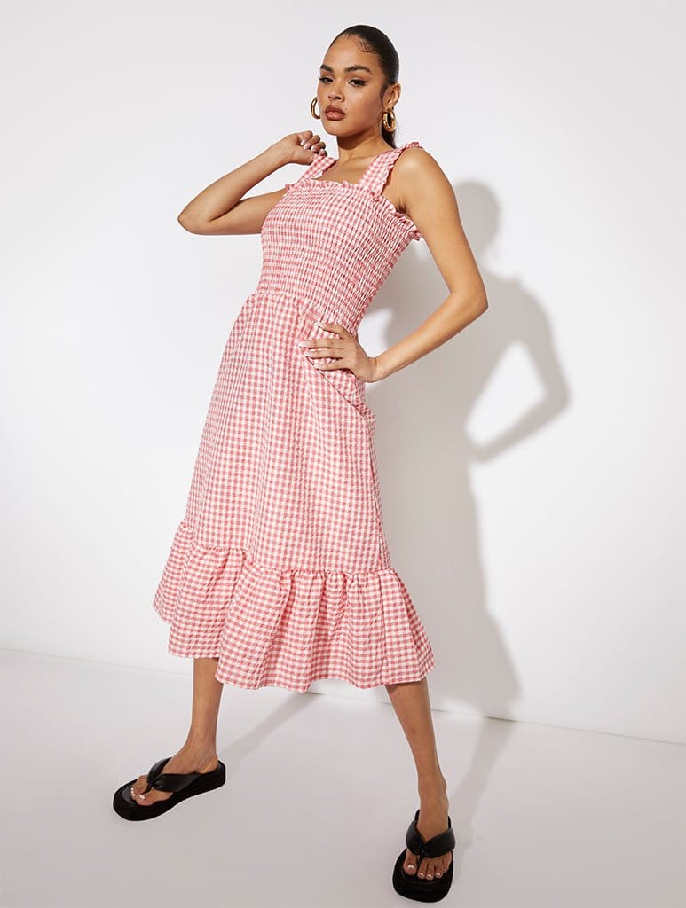 Coral Gingham Seersucker Shirred Dress, 22