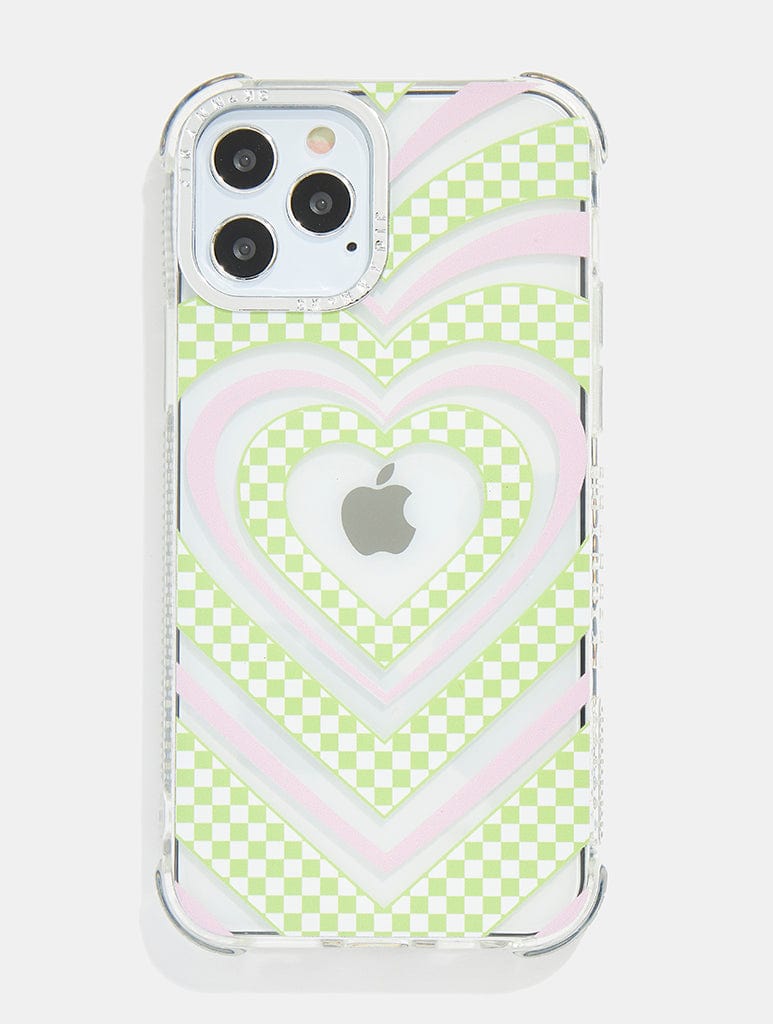 Green And White Checkered Heart Shock iPhone Case, iPhone 12 / 12 Pro Case