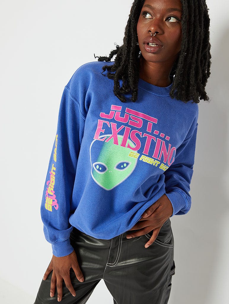 Just Existing Graphic Oversized Sweatshirt in Blue Wash, L