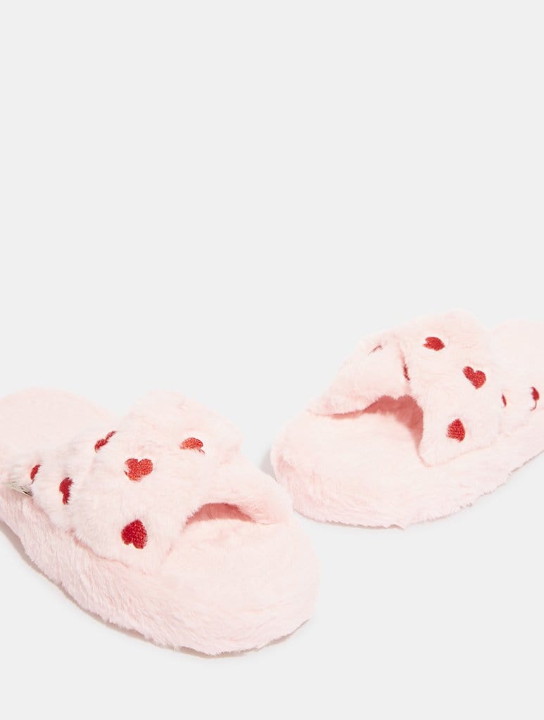 Pink Fluffy Heart Cross Over Slippers, L