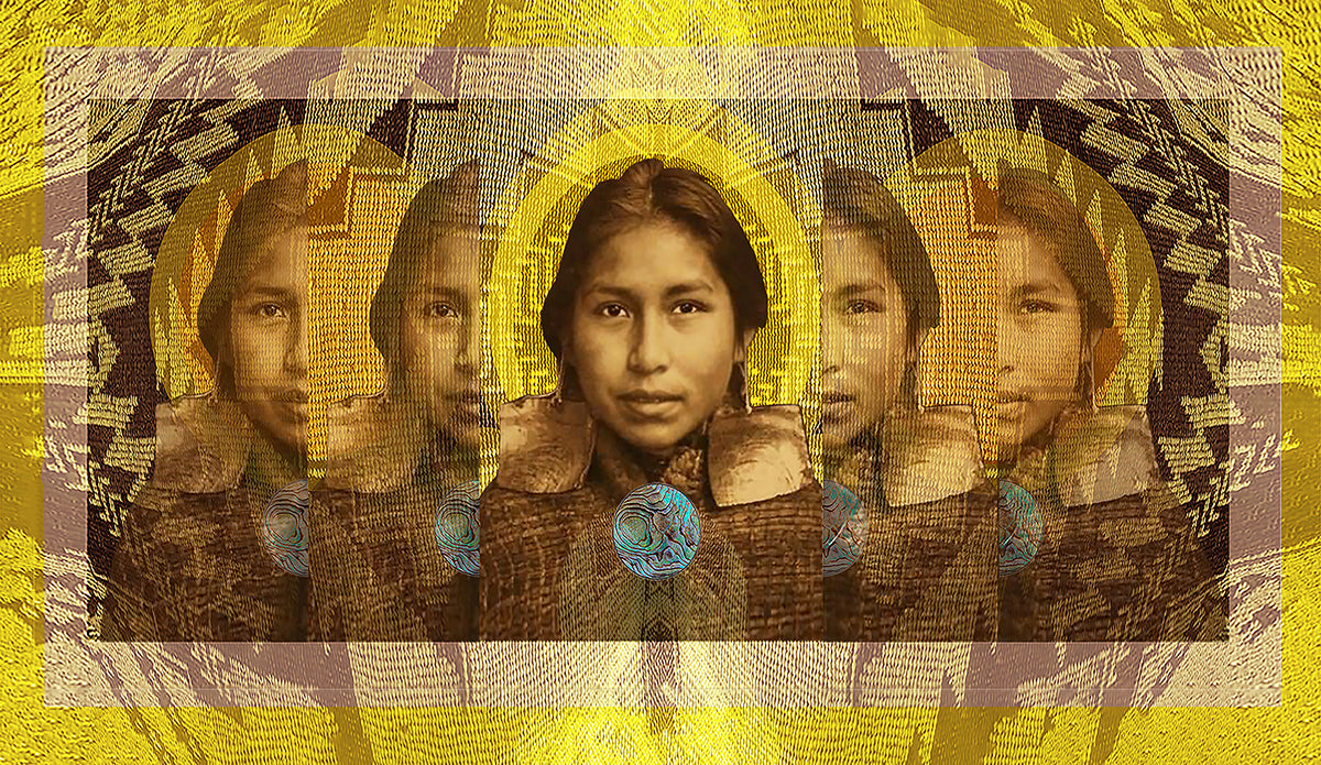 Rectangle-design-made-with-yellow-brown-and-tan-hues-with-Indigenous-person-face-at-center-that-ripples-out-toward-edges