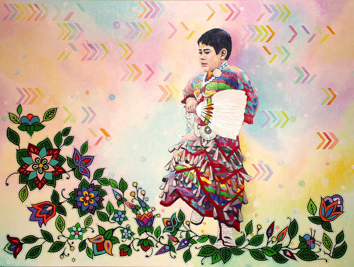 Indigenous-person-dances-in-rainbow-colored-regalia-with-rainbow-colored-background-designs-and-florals