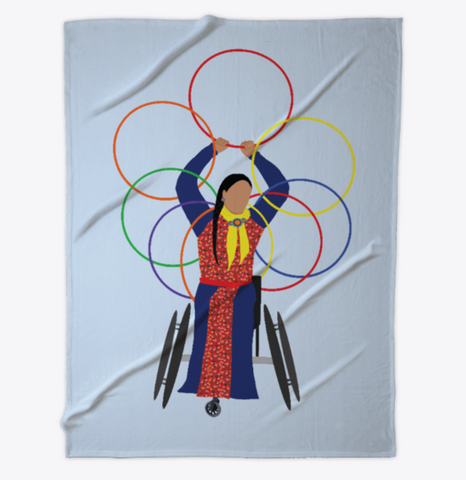 A design by Johnnie Jae featuring a stylized hoop dancer who is seated in a wheelchair. 
