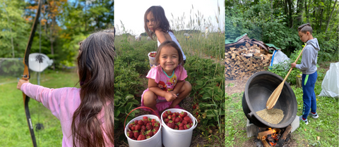 A collage of images of Sarah's children practicing traditional skills, such as archery, berry picking, and rice toasting