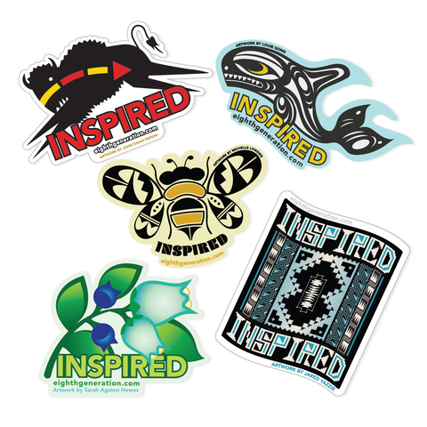 Eighth Generation's sticker pack, including 5 stickers that say INSPIRED and have cultural Native art