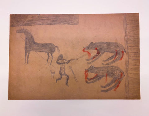 Ledger art showing a Blackfeet warrior shooting two wolves with a bow and arrow.