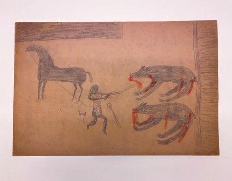 Historic ledger art featuring a pictographic Plains warrior, his horse, and two wolves which he is shooting with a bow and arrow.