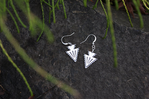 Silver arrowhead earrings sitting on a rock with grass fronds in the foreground