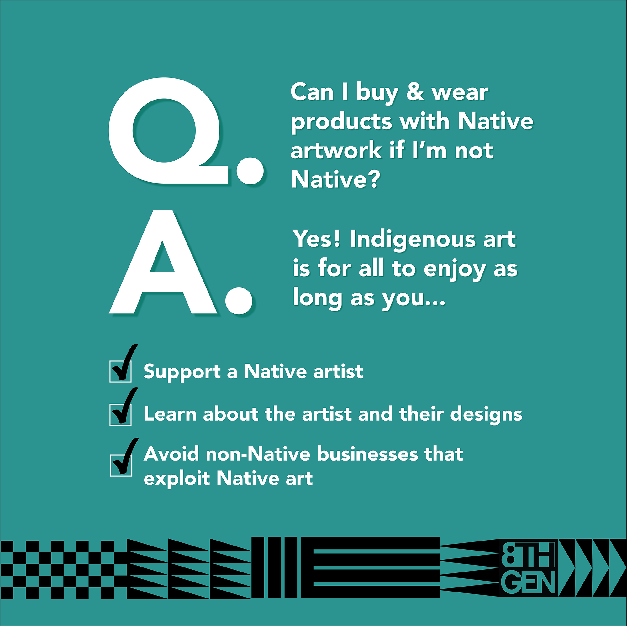 Can-I-buy-and-wear-products-with-Native-artwork-if-I'm-not-Native?-infographic-in-teal-with-white-and-black-lettering-and-Coast-Salish-pattern