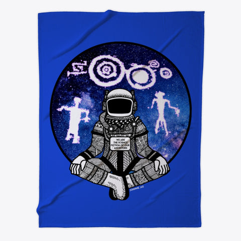 A design with a seated astronaut in the center. Around the astronaut are pictograph figures.