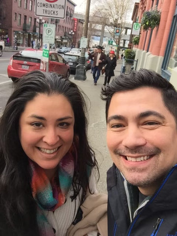 Colleen Echohawk and Louie Gong take a selfie in downtown Seattle