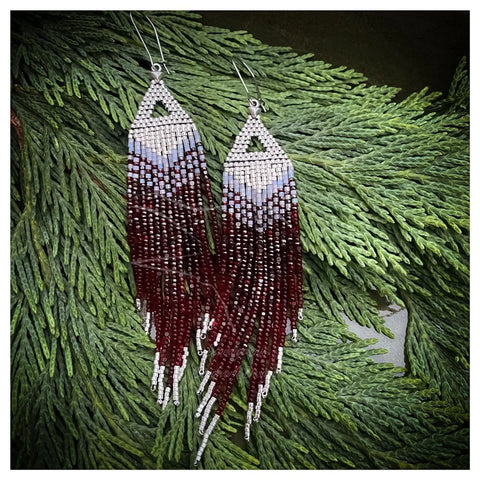 Long Red and White Beaded Dangle Earrings