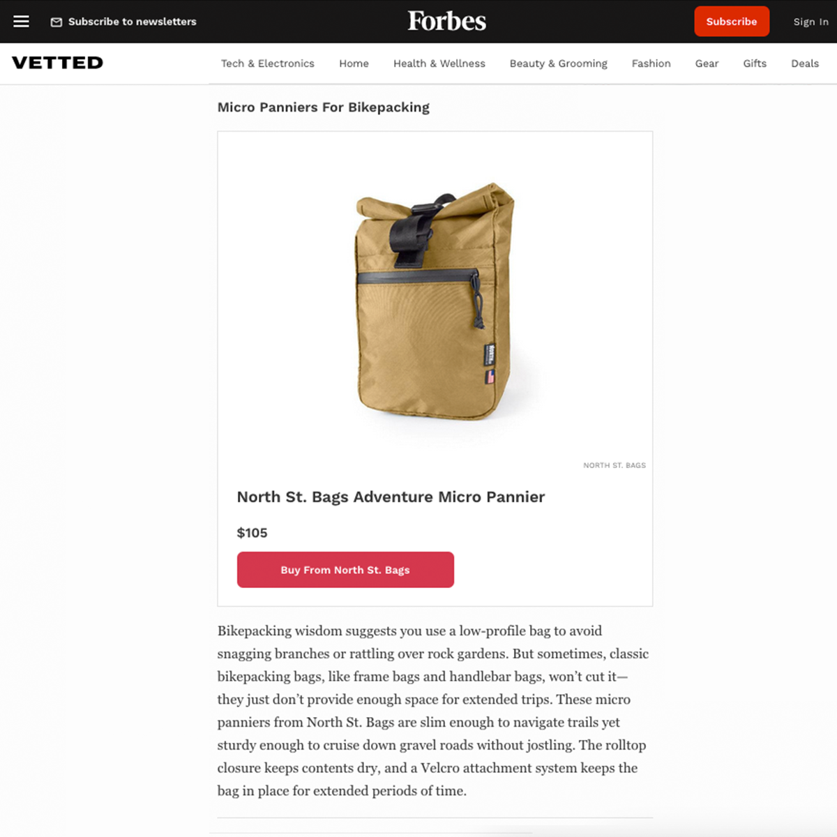 Screenshot of Forbes.com article "Best Bike Bags 2023" featuring the North Street Micro Pannier