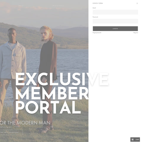 Screencapture of the homepage of The Helm's website with an image of two men atop a cliffside overlooking a lake. On the right of the screen is a white popup that provides an option to create a member portal account