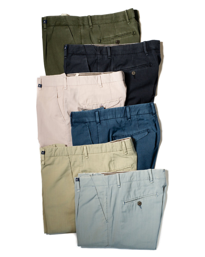 6 myths trousers - olive, navy, pink, blue, tan, and light grey