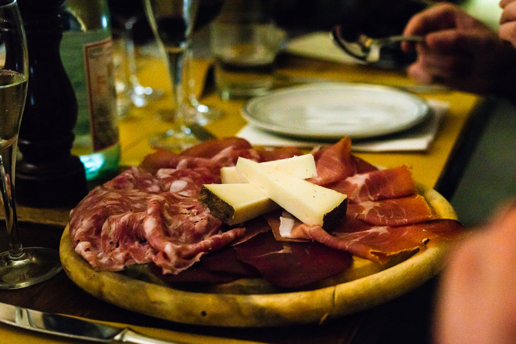 Serving tray with Tuscan salami, pecorino, and wild boar ham