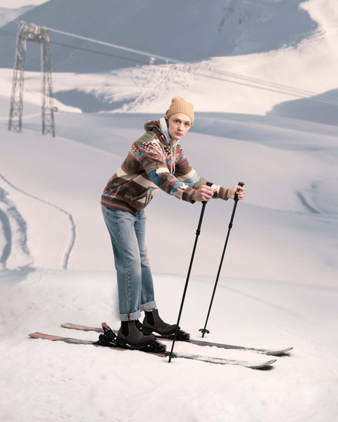vintage skier in contemporary outfit