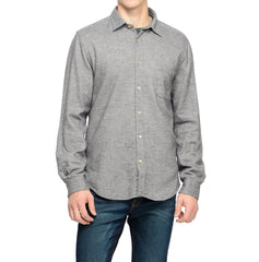 Portuguese Flannel grey shirt layered over olive shirt