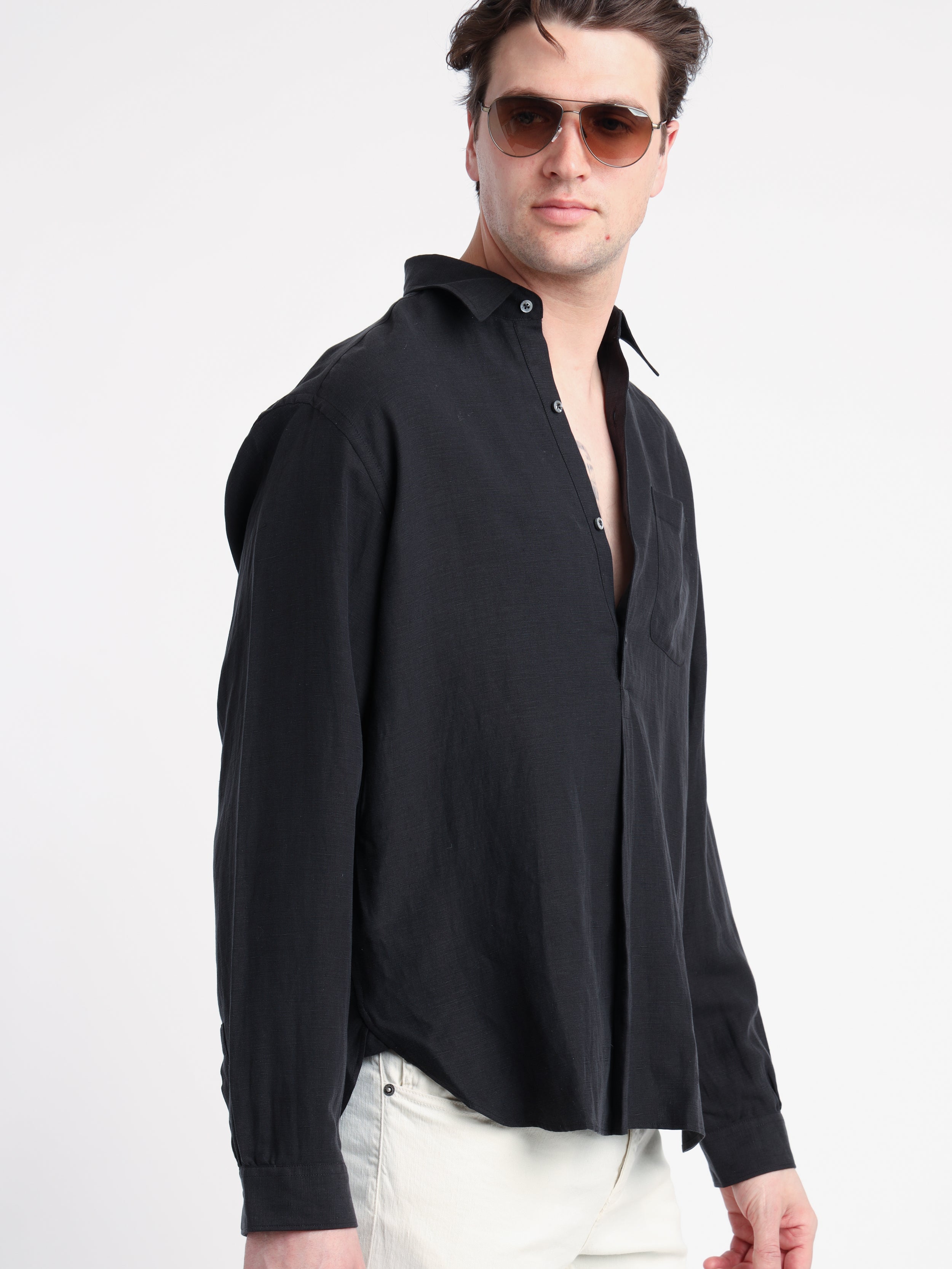 Image of Ralph Lauren Purple Label Black Silk-Linen Shirt