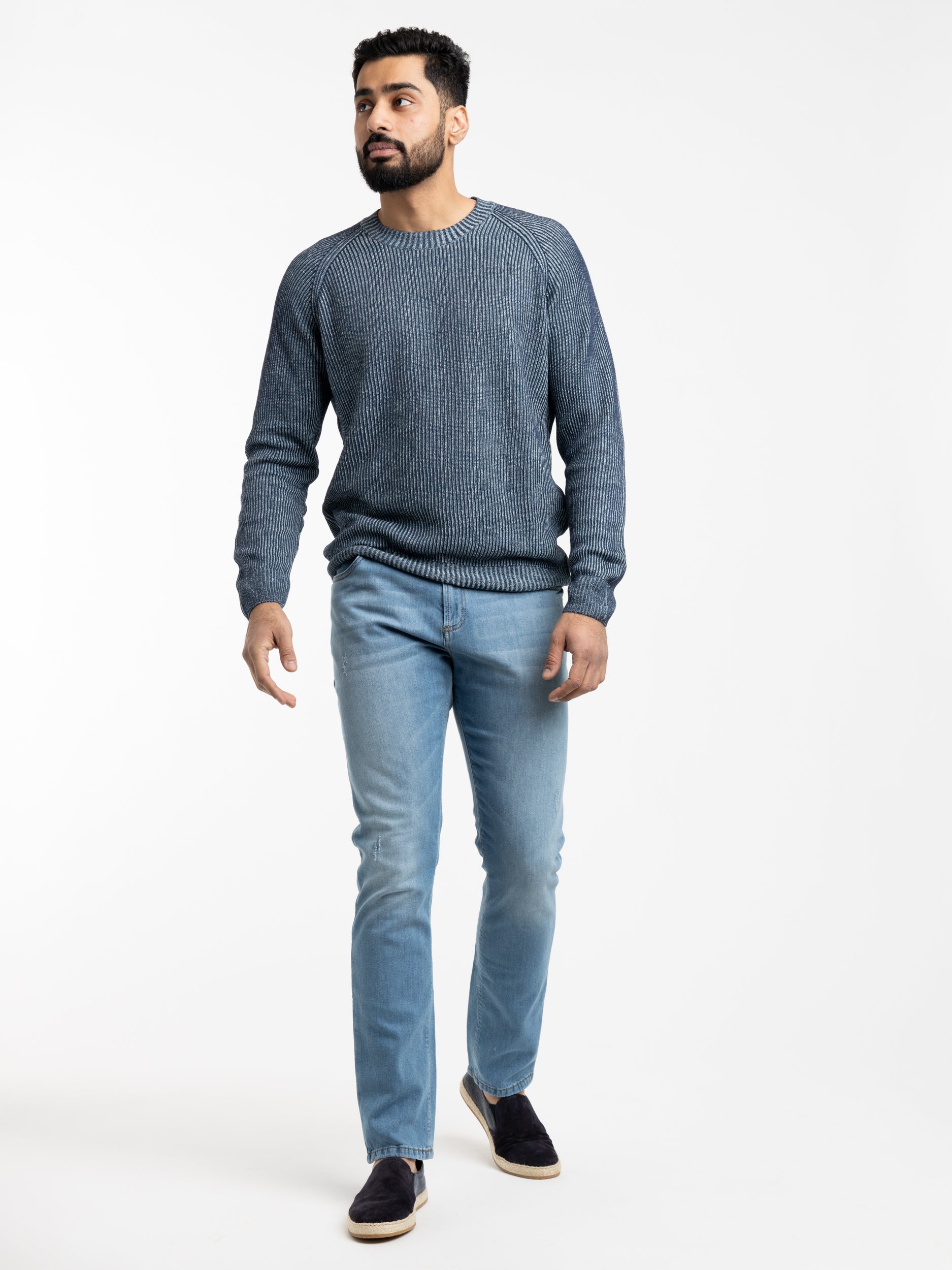 Blue Ribbed Flax-Cotton Crewneck Sweater