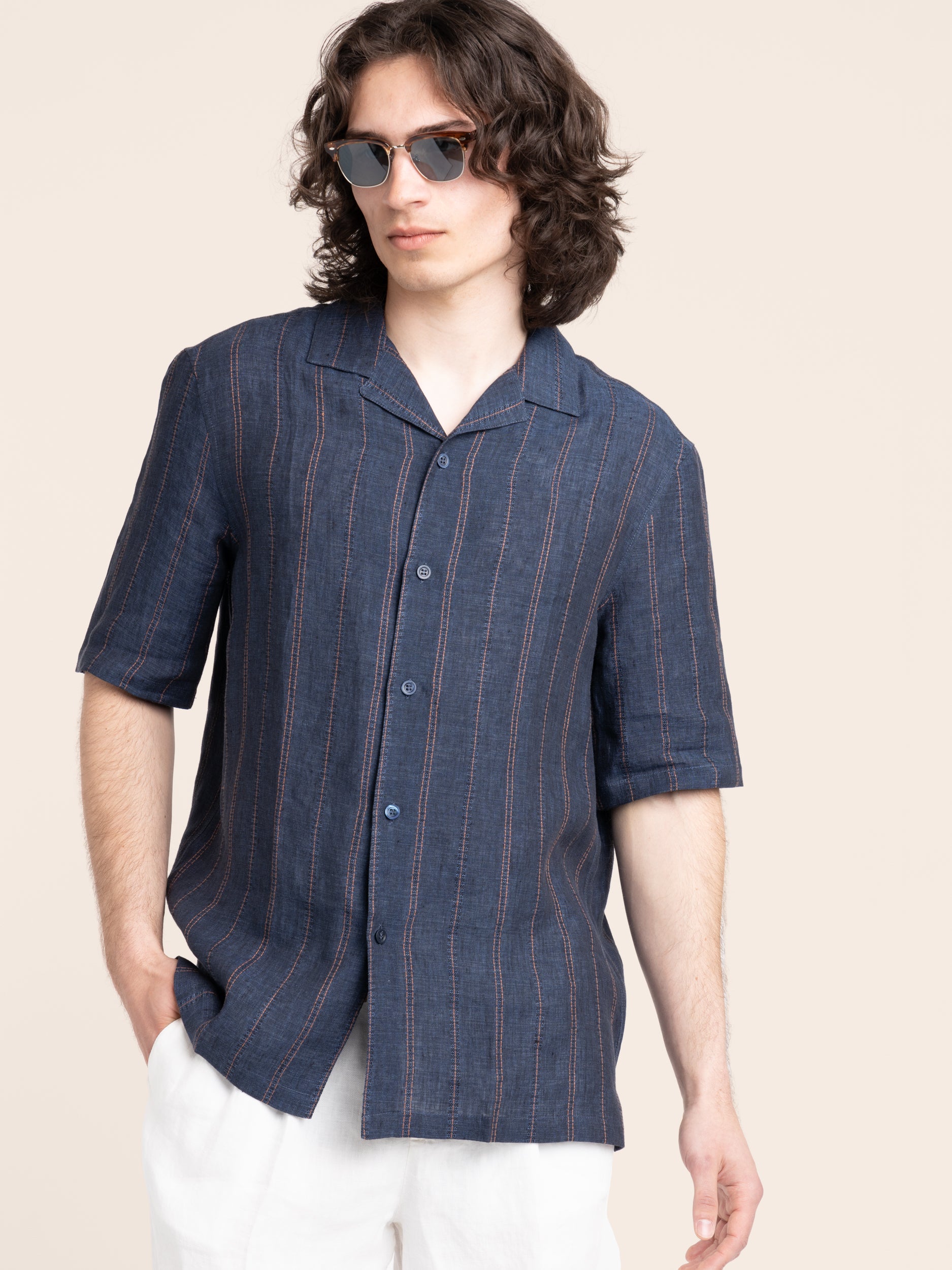 Image of Brunello Cucinelli Navy Embroidered Striped Linen Shirt