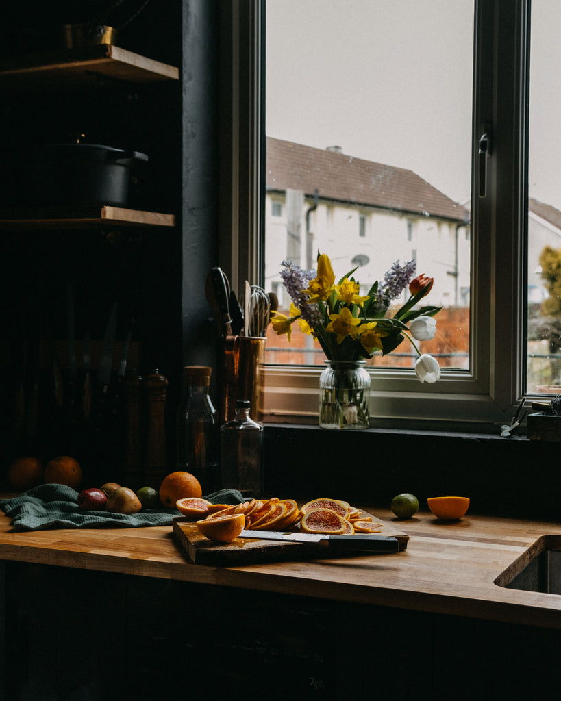 moody kitchen and blood orange slices