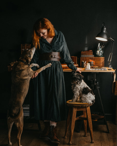 self portrait in the studio with the dogs