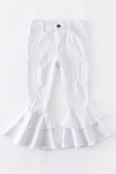 White double layered destressed denim jeans