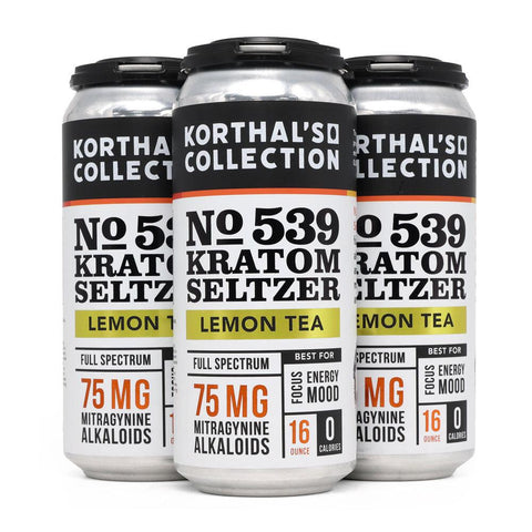 This is a picture of a 4pk of 16oz full spectrum Kratom Seltzer in lemon tea flavor containing 75mg mitragynine per can for 2 servings by korthals collections