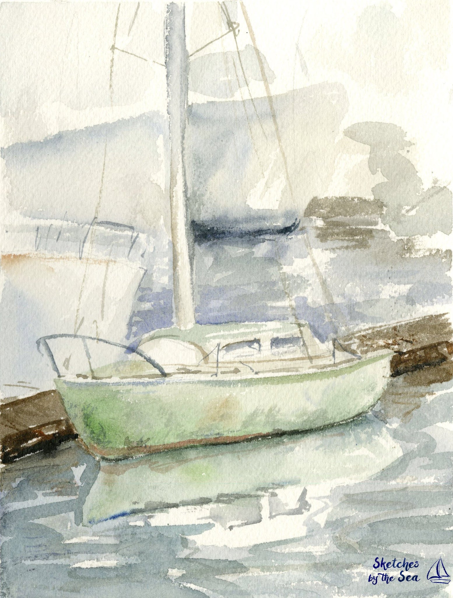 Green Docked Sailboat Watercolor Painting Art Print – Sketches By The Sea