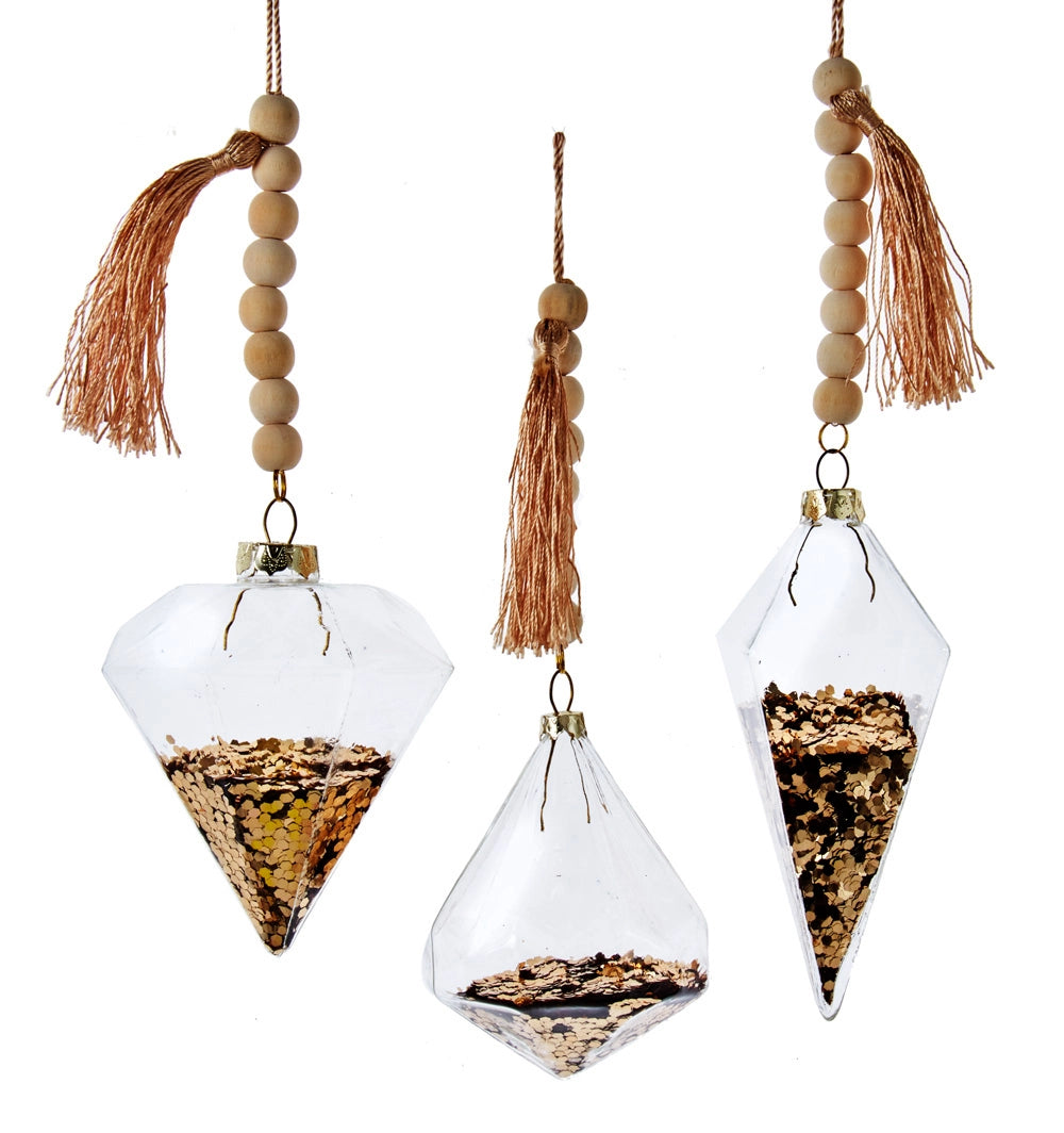 Glass, Glitter & Wooden Bead Ornaments - Gold, 7.5-9"