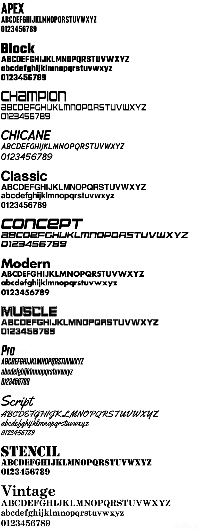 TrackDecals Font List