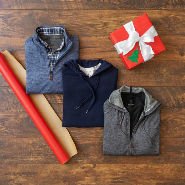 Men's holiday laydown with Threshold long-sleeve tee, Threshold hoodie, Como quarter zip pullover and Como hoodie.