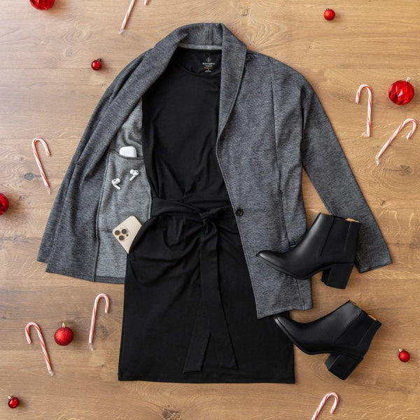 Women's holiday laydown featuring the Threshold tie waist dress and Como cardigan blazer.
