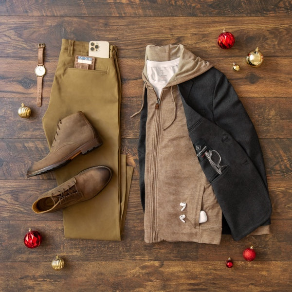 Men's holiday laydown shots with Ascender chino, Gramercy blazer and Como hoodie.