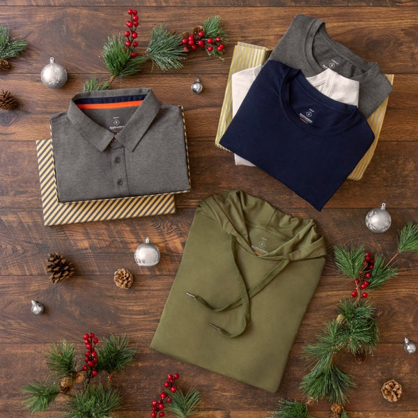 Men's threshold assortment including hoodie, knit polo, and t-shirts.