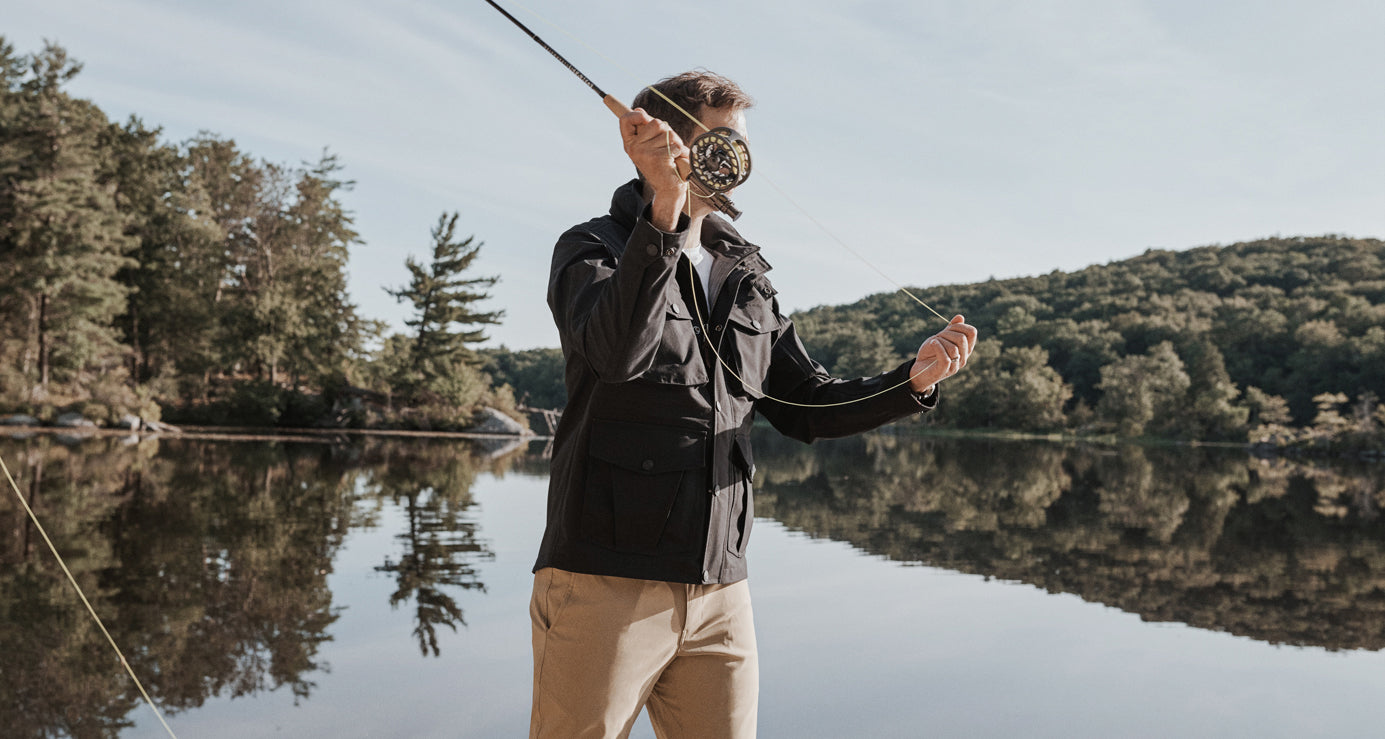 Field jacket worn while fly fishing