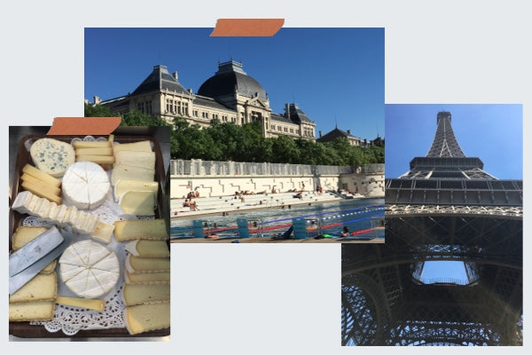 Collage of images from Stefan's travels in France showing the Eiffel tower, a public swimming spa, and French cheeses.