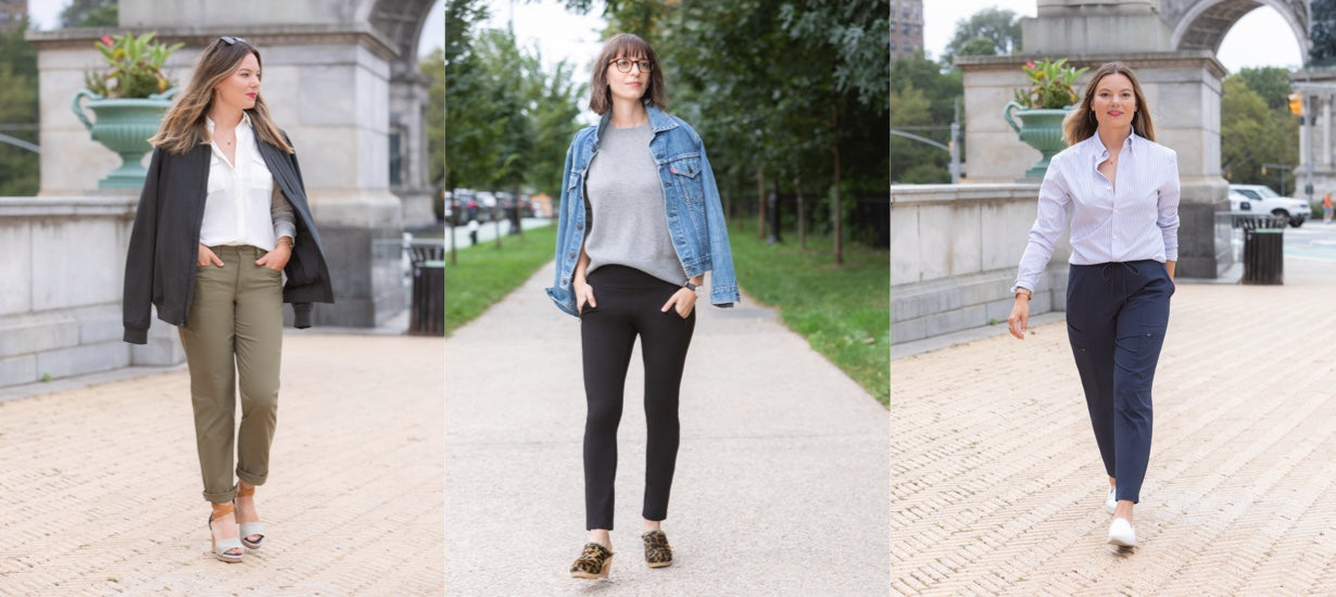 Left to right: Amanda is wearing Palma Chino in Olive Leaf, Azores Blouse in White Sand, and our Men’s Presidio Bomber Jacket in Thunder Grey. Jomarie is wearing the Petaluma Ponte in Eclipse Black, paired with her own sweater and denim jacket. Amanda paired the Naha Jogger with our Men’s Zenith Dress Shirt in Cobalt Blue Stripe.