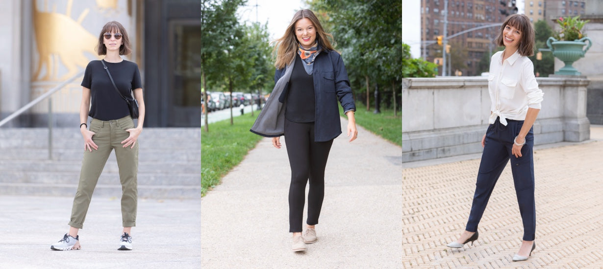 Left to right: Jomarie is wearing the Palma Chino in Olive Leaf with the Threshold Crew Neck T-Shirt in Onyx Black. Amanda is wearing the Petaluma Ponte pants with the Threshold V Neck T-Shirt in Onyx Black and our Men’s Gramercy Shirt Jacket in Blue Hour. Jomarie is wearing the Naha Jogger with Azores Blouse in White Sand.